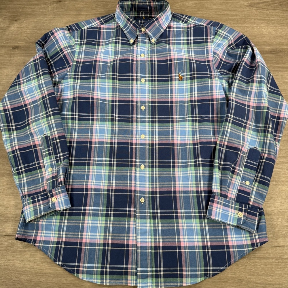 Polo Ralph Lauren Oxford Shirt Mens Large Blue Pink Plaid Button Down Flesh Pony